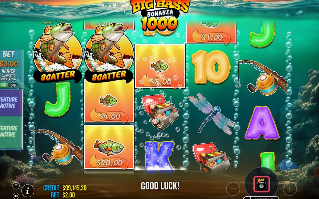 Free Spins screen with WILD Fisherman on all five reels